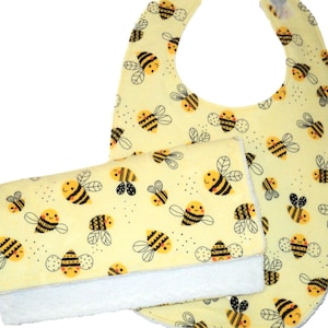 Bees or Turtle Baby Bib and Burp Cloth Set, Soft Flannel & Terry Cloth, Handmade