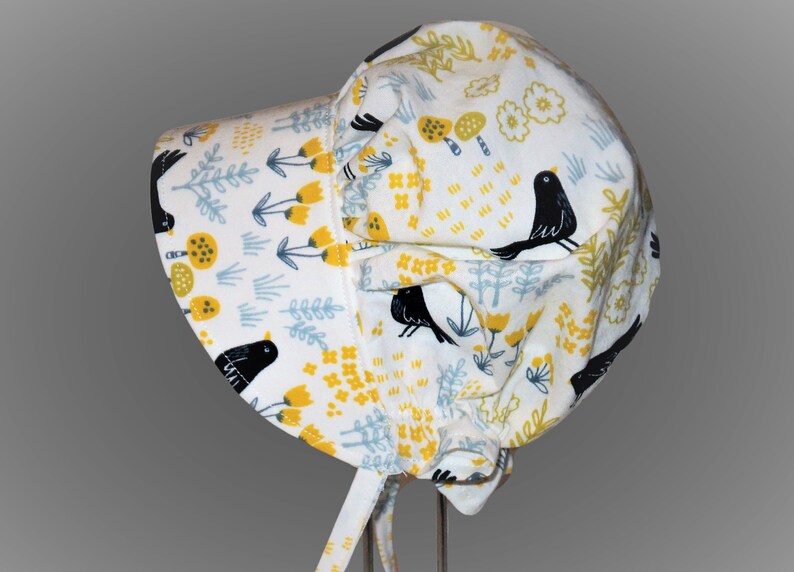 Newborn Hat Girl Sun Bonnet Wide Brim Summer Hat Infant Boho Baby Clothes Sun Hat Baby Bonnet Mustard Floral Bonnet with Navy Birds