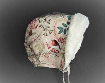 Winter Baby Bonnet, Woodland Sherpa Fleece Lined Toddler Hat, Choose Fabric, Birds, Fawn, Fox