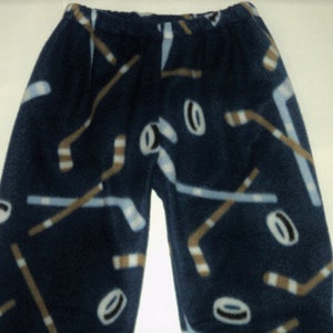 Kids fuzzy hockey pants Fleece bottoms for boy or girl up to sz 8, Sports gift for grandkids, Handmade birthday gift for boy or girl Navy Hockey Sticks