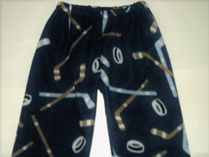 Kids fuzzy hockey pants Fleece bottoms for boy or girl up to sz 8, Sports gift for grandkids, Handmade birthday gift for boy or girl Navy Hockey Sticks