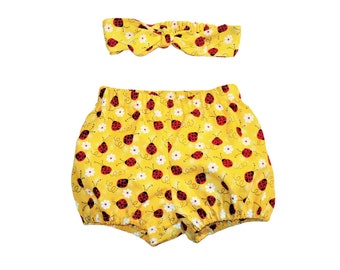 Bloomer bébé coccinelle et bandeau, tenue printemps-été pour toute-petite fille jusqu'à la taille 3, couvre-couche jaune, cadeau pour bébé fille