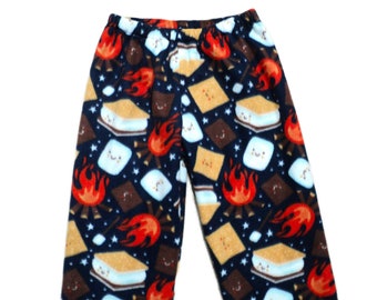 Kids fleece pants up to size 14, Campfire fuzzy bottoms, Young camper gift, Boy or girl, Smores marshmallow roast, Birthday Gift