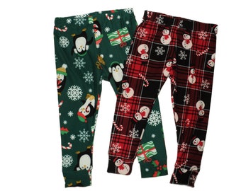 Toddler and baby leggings, Winter theme pants bottoms for boy or girl up to size 3, Choose Penguins or Snowman