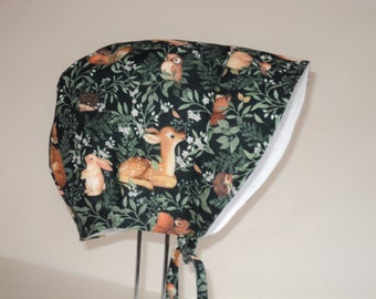 Baby bonnet for girl, Toddler cotton sun hat with fox and fawn. Brimmed sunbonnet, Choose your lining, Baby girl gift, Flannel, Sherpa