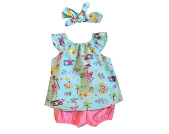 Flamingo Baby Girl Outfit, Handmade Cotton Peasant Top, Bloomers & Headband