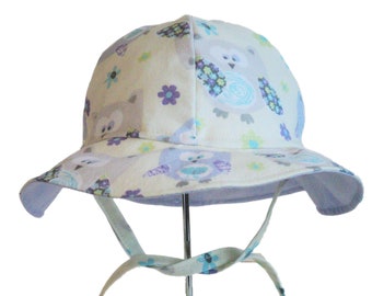 Chapeau de soleil souple floral pour fille, tout-petit et bébé, chapeau de plage d'été en coton à bord large hibou mauve, cadeau fait main