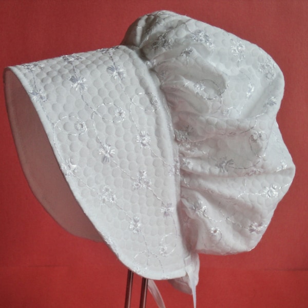 White or pink baby bonnet, Textured eyelet baby girl sun hat, Toddler sun bonnet, Christening, Vintage style, Handmade baby gift