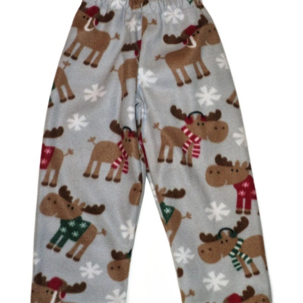 Childrens fleece pants with moose, Kids fuzzy bottoms, Birthday gift for tween, youth, boy or girl up to size 14