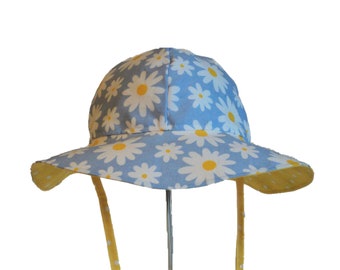 Girls floral sun hat size 2-4 years Ready To Ship, Blue daisy toddler cotton floppy hat, Beach hat, Wide Brim