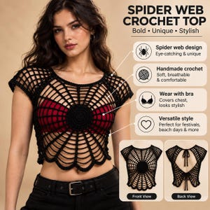 May include: A black crochet top featuring a spider web pattern with short sleeves and a round neckline. The garment is shown in front and back views, with the back view displaying a tie closure. Text on the image includes SPIDER WEB CROCHET TOP.