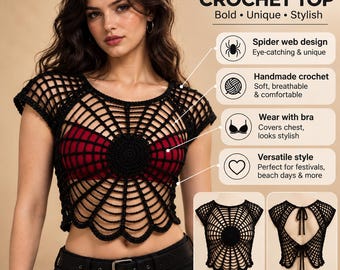 Spider Web Crochet Top Pattern PDF, Gothic Crop Top Crochet Pattern, Halloween Spiderweb Cropped Top, Emo Alt Clothing DIY, Easy Digital