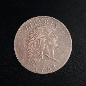 May include: A silver coin featuring a profile of a woman with flowing hair, the word "LIBERTY" above, and the date "1793" below. The coin is circular and has a worn appearance, suggesting age. The background is a dark, textured surface.