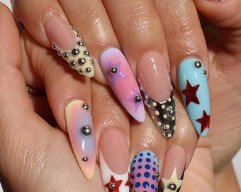 Kawaii Character Mix Custom Press on Nails – Star, Long stiletto nails, Stars Chrome Tips | Cute Anime-Inspired Nail Art for Teens & Fans
