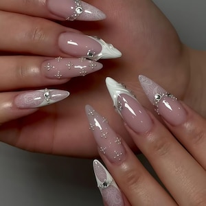 Custom Celestial Mermaid Tail Press on Nails – Handmade Glitter Gold Accents, Almond Shape, Reusable Fake Nails for Women Wedding Nail