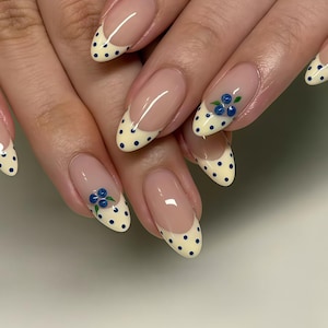 Custom Berry Polka Dot Press on Nails – Blueberry Polka Dot Nails Almond Shape Dot Art Sweet Kawaii Style - Handmade Acrylic Press On Nails