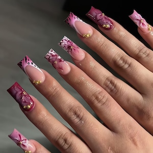 Custom Press on Nails Pink Leopard Flower Nails – Long Square Acrylic Nails with 3D Gold Studs Bold & Glamorous Party Nails Trendy Nail Set