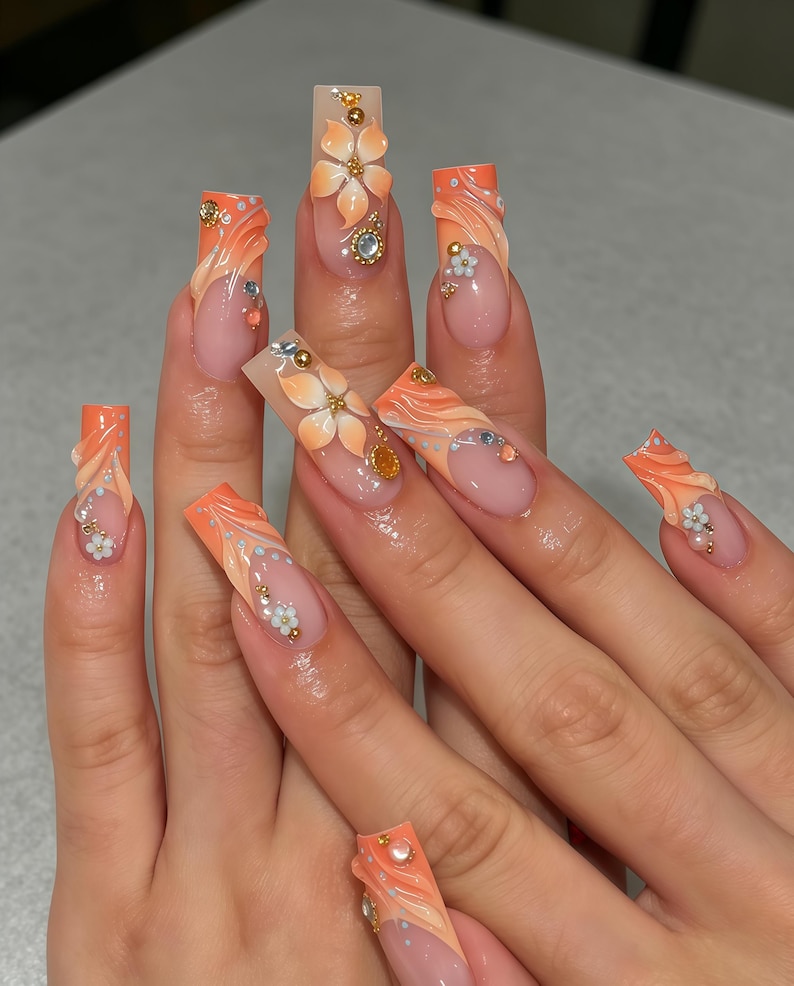 Custom R Design Custom Orange Gradient 3D Flower Press on Nails, Long Coffin Fake Nails ...