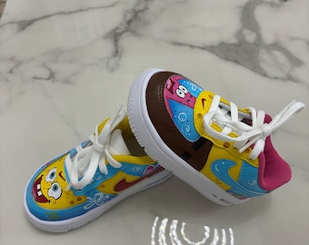 Custom SpongeBob Nike Air Force 1s for Kids | Hand Painted Bikini Bottom Cartoon Shoes | Patrick & Jellyfish Inspired Toddler n Kid Sneakers