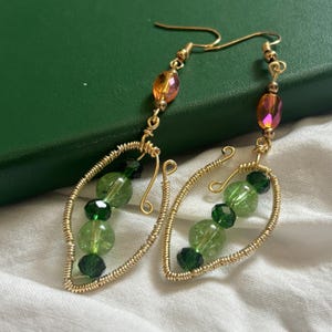 Gold Wire-Wrapped Leaf Dangle Earrings, Nature-Inspired Jewelry, Boho Gift for Women, Handcrafted Summer Accessory