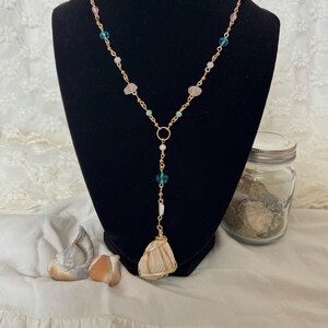 Whimsical Handmade Beaded Rosary Necklace, Real Seashell Pendant, Gold Wire Wrapped, Ocean Siren Jewelry
