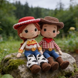May include: Two crocheted cowboy dolls. One wears a red hat, white shirt, blue jeans, and cow-print chaps. The other doll has a brown hat, plaid shirt, red bandana, and brown boots. Both dolls are sitting on a mossy rock.
