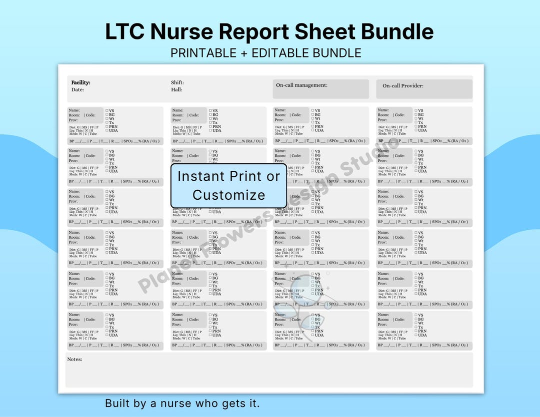LTC Nurse Report Sheet Bundle | Printable PDF + Editable Canva | 24 ...