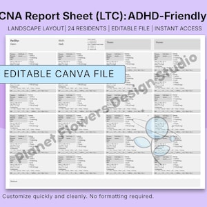 Peut inclure: Une feuille de rapport d'infirmière auxiliaire en format paysage, conçue pour les personnes atteintes de TDAH. La feuille comprend des sections pour l'établissement, le quart de travail, l'équipe et les informations sur les résidents. Le texte "EDITABLE CANVA FILE" est affiché. Conçu pour 24 résidents.