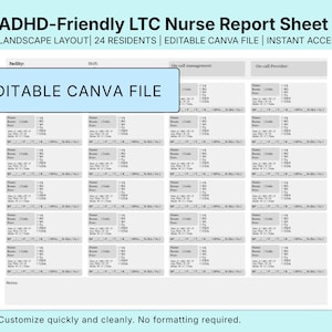May include: A white nurse report sheet with a landscape layout, designed for 24 residents. The sheet includes sections for facility, shift, and on-call management. Text on the sheet reads "EDITABLE CANVA FILE" and "ADHD-Friendly LTC Nurse Report Sheet."