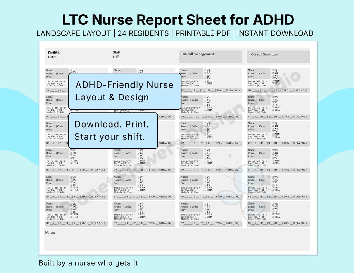 LTC Nurse Report Sheet Printable PDF, SNF Nurse Brain Sheet, Long Term ...