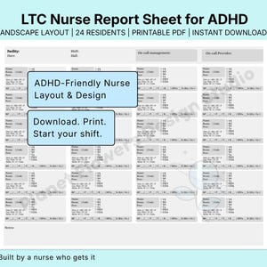 Puede incluir: Una hoja de informe de enfermería LTC en PDF imprimible para el TDAH en diseño horizontal. La hoja incluye secciones para información del residente, signos vitales y gestión de llamadas. El texto en la hoja dice: "ADHD-Friendly Nurse Layout & Design" y "Download. Print. Start your shift."