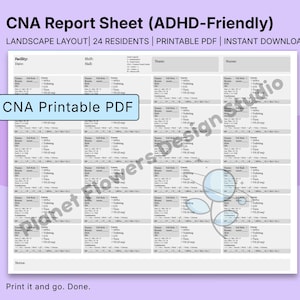Feuille de rapport de l'AIIC à imprimer, feuille de devoirs de l'AIIC au format PDF, Soins infirmiers qualifiés feuille de cerveau de l'AIIC, organisateur de flux de travail de quart de l'AIIC, ltc cna