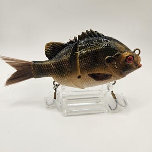 May include: A detailed fishing lure shaped like a fish, featuring a brown and tan color scheme with red eyes. The lure has a segmented body and a realistic tail, with metal hooks and a clear plastic stand.