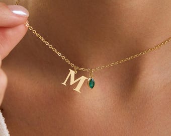 Personligt halsband med initialer i guld, halsband med födelsestenar, mors dag-present, bokstavshalsband, anpassat morshalsband, present till mamma