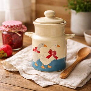 May include: Cream-colored ceramic jar with a lid, featuring a blue base and handles. The jar is decorated with two geese wearing red bows. A wooden spoon and a jar of jam are also visible.