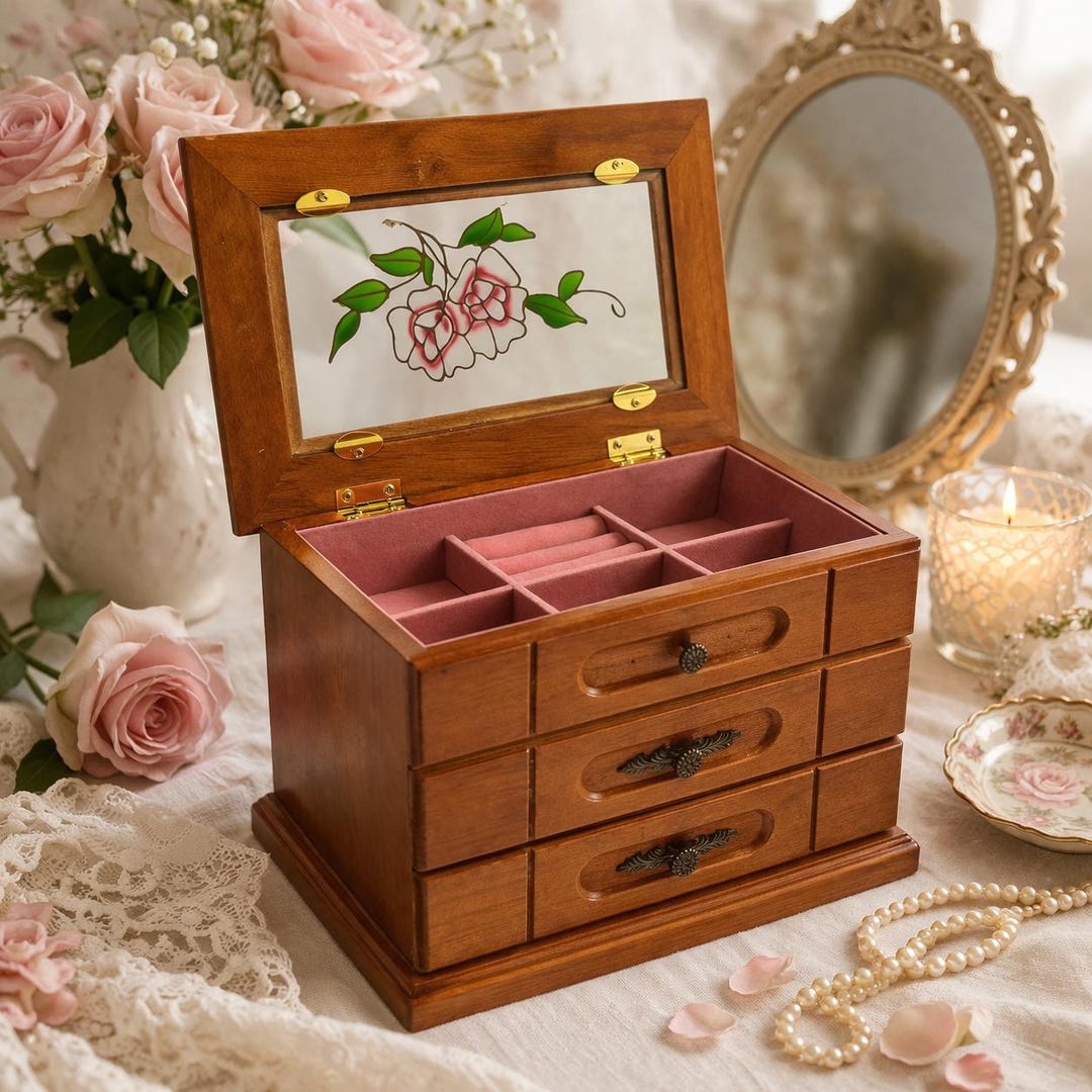 Vintage Wooden Jewelry Box With Floral Glass Lid, Pink Velvet Lined ...