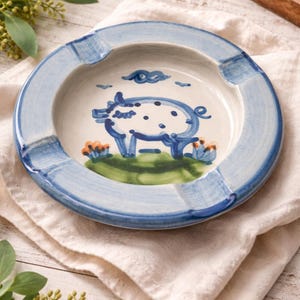 Vintage M.A. Hadley Pottery Pig Ashtray, Hand Painted Blue White Farm Dish, Cottage Kitchen Catchall