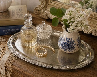 Vintage Silverplate Vanity Tray, Ornate Etched Floral Design, Cottage Vanity Decor, Jewelry Perfume Display