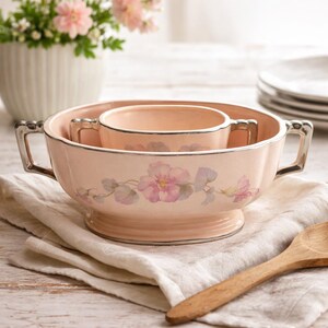 Vintage American Limoges Glo Peche Ware Serving Bowl Set of 2, Floral Ceramic Bowls