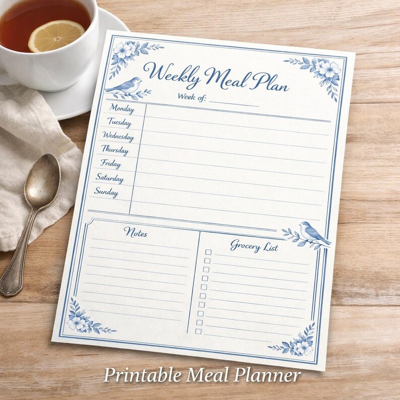 Food Plan Note Weekly Meal Planner Printable | Cottagecore Blue & White Planner ...