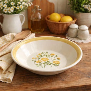 May include: A white ceramic bowl with a yellow floral design and a yellow rim. The bowl is on a wooden surface, with a wooden spoon and a yellow and white checkered cloth nearby. Other items include a basket of lemons and a white pitcher of flowers.