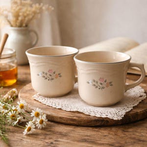 May include: Two cream-colored ceramic mugs with floral designs. Each mug has a handle and a decorative rim with a blue accent. The mugs are placed on a wooden board with a lace doily, with flowers and a jar of honey in the background.