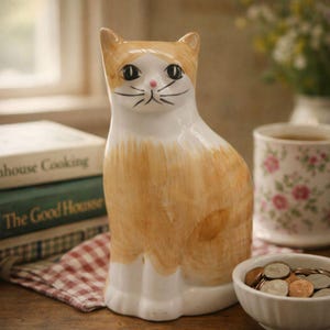 May include: A ceramic cat figurine in a sitting position, featuring orange and white coloring. The cat has black eyes, whiskers, and a pink nose. The figurine is on a wooden surface, with books and a floral teacup in the background.