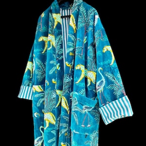 Velvet Kimono Robe, Jungle Print Duster  Kimono, Boho Leopard  Dressing Gown, Gift for Her