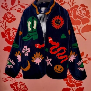 Hand Embroidered Velvet Jacket, Boho Patchwork Coat, Navy Blue Sun and Stars Coat,Gift