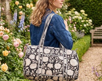 Handmade Black & White Sunflower Quilted Duffle Bag, Cotton Travel Duffle for Women, BohoWeekender ,yoga