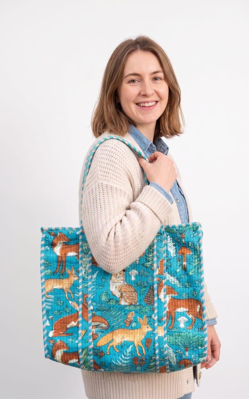Quilted Cotton Tote Bag, Woodland Fox Owl Print, Large Shoulder Shopping Bag