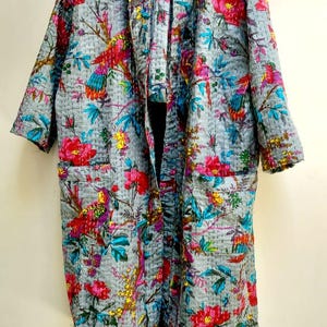 Handmade Kantha Cotton Kimono Jacket: Boho Long Robe Coat,