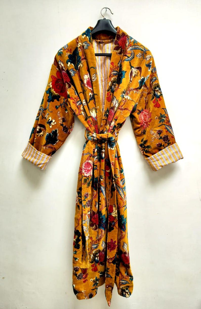 Mustard Yellow Robe Floral Print Mustard Velvet Kimono Robe, Boho Stylish, Morning Tea - Etsy