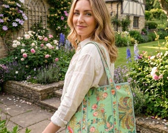 Handmade Green Floral Quilted Tote Bag, Large Reusable Shopping Bag with Pocket, Boho stylish